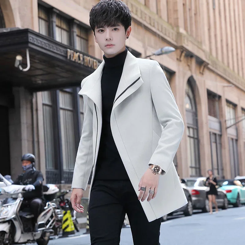 Trendy Solid Color Zipper Woolen Coat Jacket Men 2023 Slim Fit Designer Mid Long Trench Coat Jacket for Men Brand Black Yellow