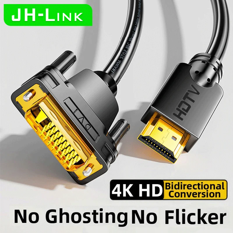 Premium 4K HDMI To DVI Bidirectional Cable By JH-LINK,Gold-Plated,Stable Transmission,No Flicker,Compatible with PC,TV, Gaming