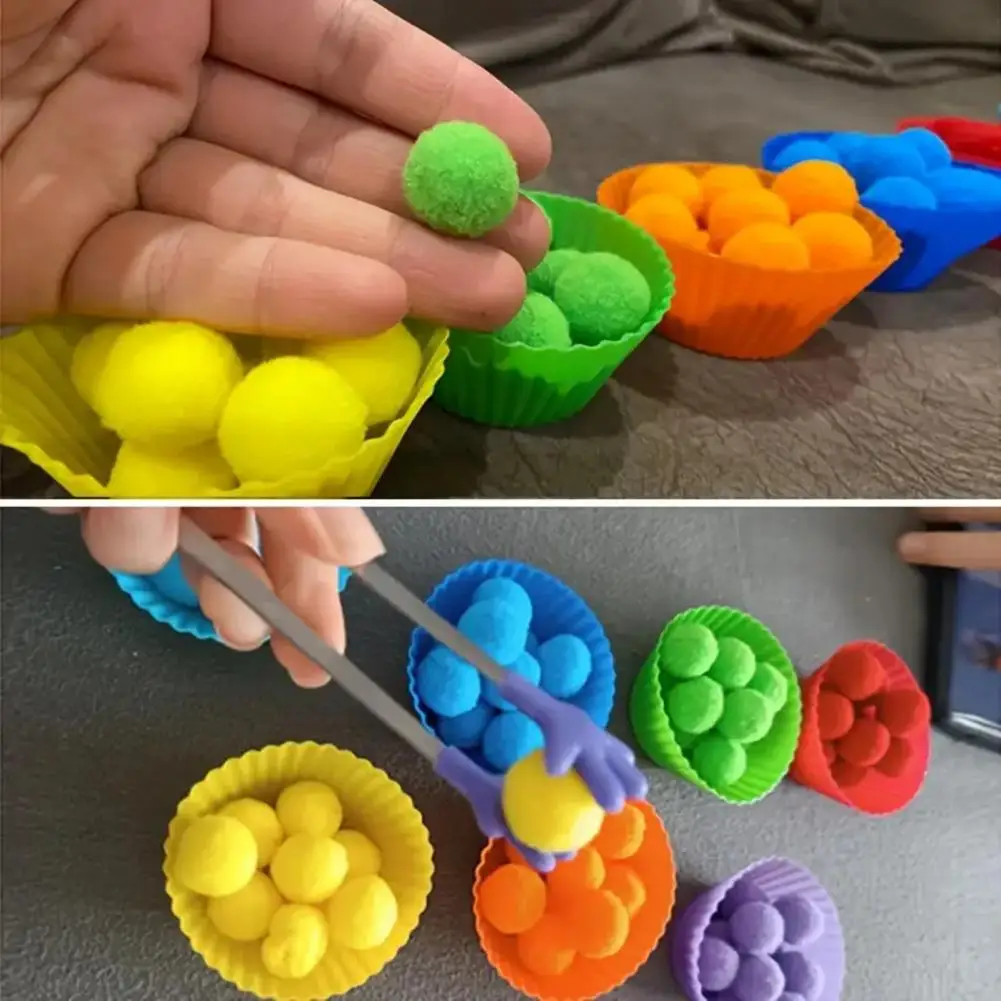 Kids Color Sorting Toy with 7 Bowls 70 Pompoms Clip Ball Counting Matching Game Educational Color Classification Cup Toy