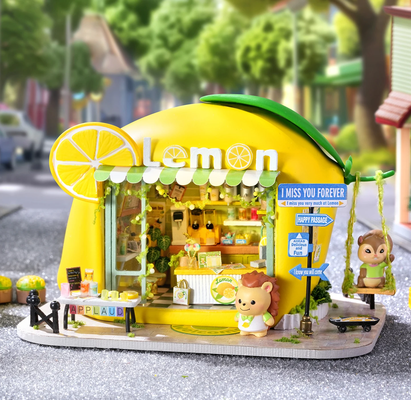 DIY Holz Miniatur Modell Kits Zitrone Trinkgeschäft Mini Casa 3D Puzzle mit Möbel Licht für Freunde Geburtstagsgeschenke