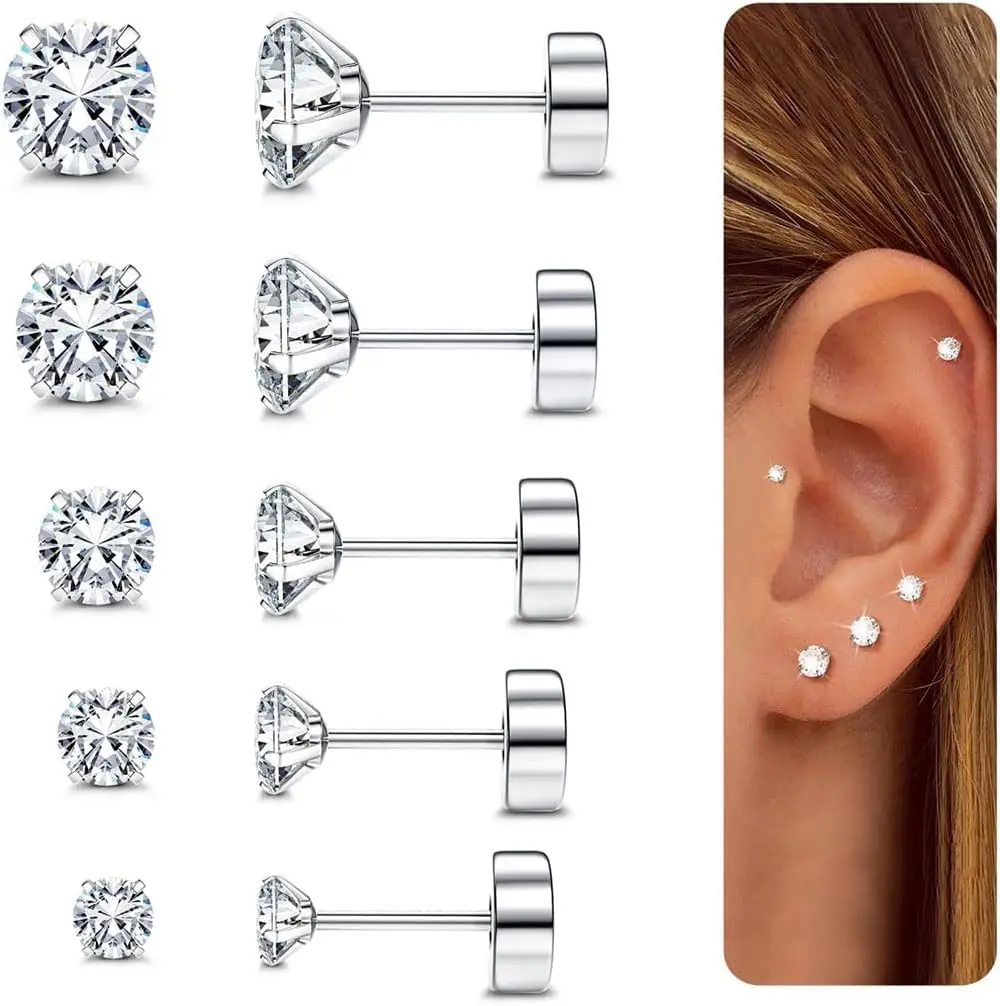 

5Pairs Earrings for Women Hypoallergenic Surgical Steel Earrings Flat Back Earring with AAAAA+ CZ