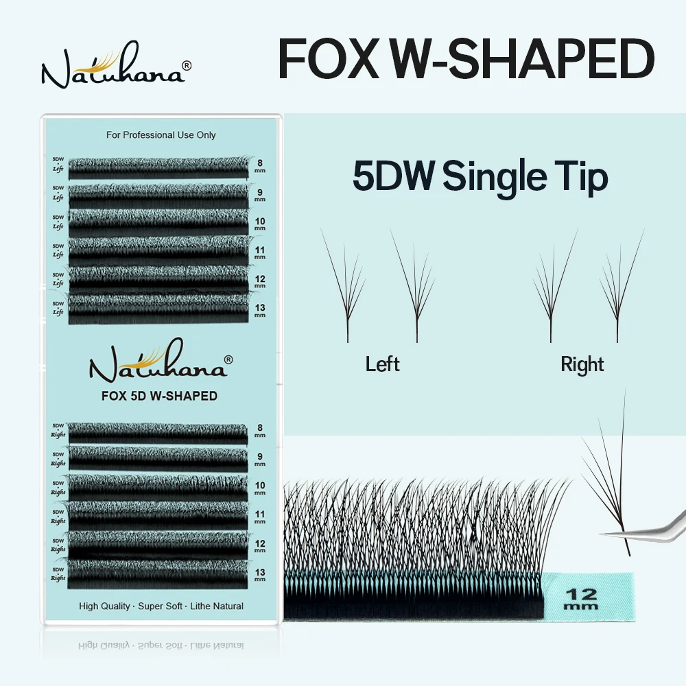 Extensão de Cílios NATUHANA FOX 3D~5D em Formato W, Efeito Olho de Gato, Cauda Longa, Premium, Natural, Leve, Volume, Ferramenta de Maquiagem para Cílios Fox Eye