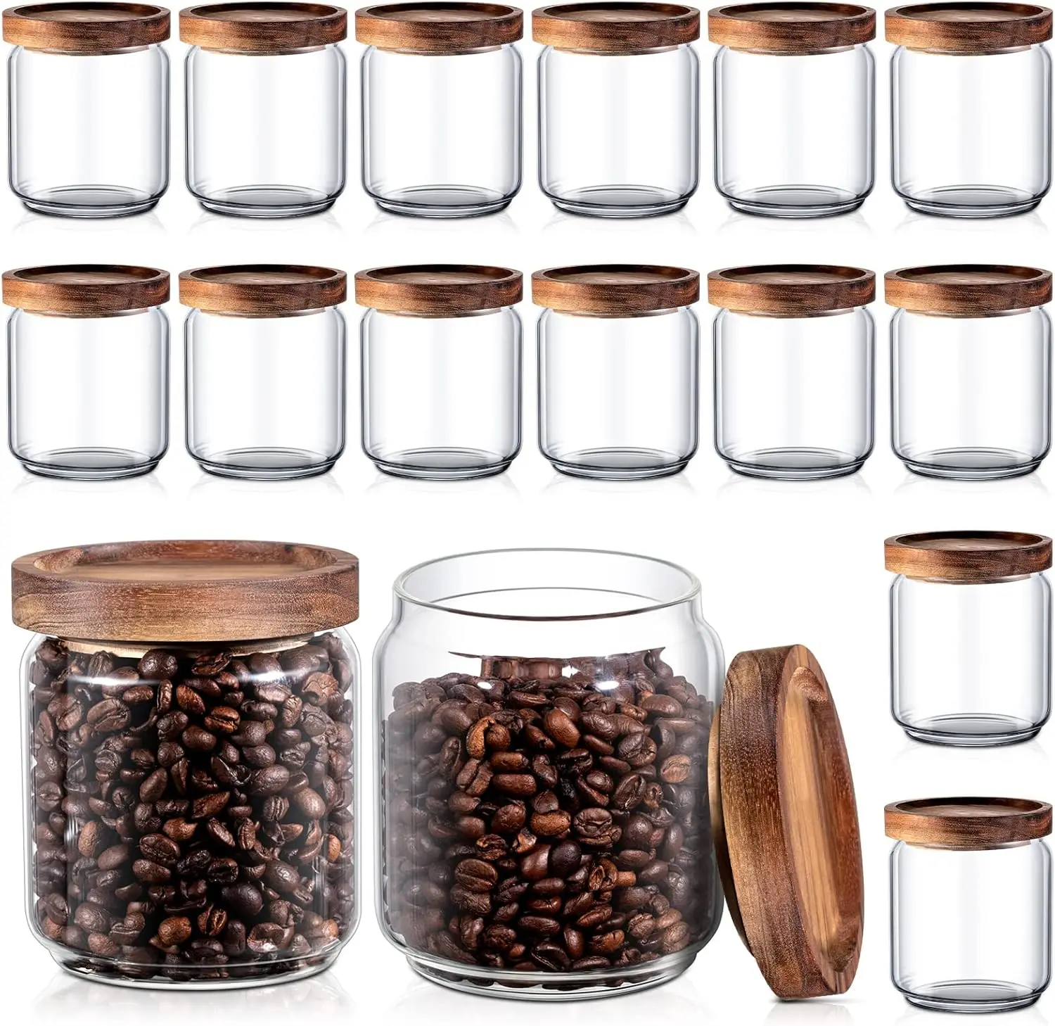 

16 Pcs 17 oz/ 500 ml Glass Canister Food Airtight Sealed Clear Borosilicate Glass Jars with Wood Lids Kitchen Spice Containers