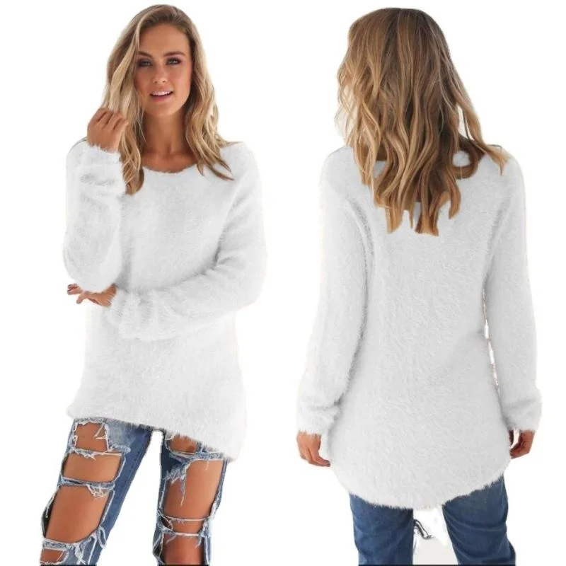 Plus Size Fashion Women\'s Loose Sweater Long Sleeve Plush Plush Warm Pullover Solid Color Round Neck Top Pullover Sweater