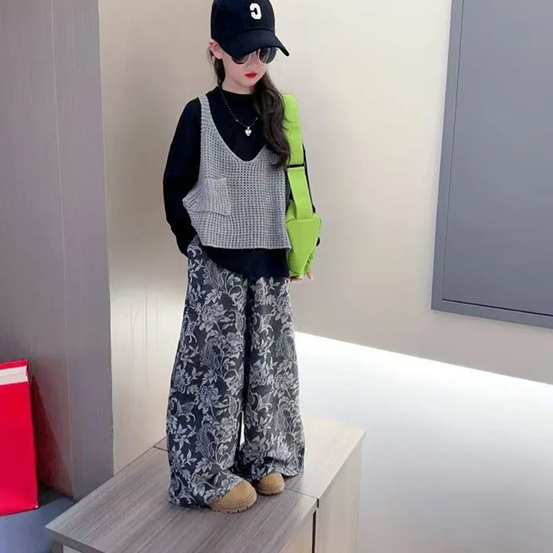 Spring Autumn Children Girls 3PCS Clothes Set Solid Base Shirt V-collar Vest All Printed Wide Leg Pants Toddler Girl Casual Suit