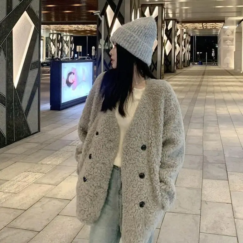 

New Coat Double Breasted Wool Fur Loose Faux Leather Thick Lazy Style Outerwear for Women Casual Winter Fashion Tops