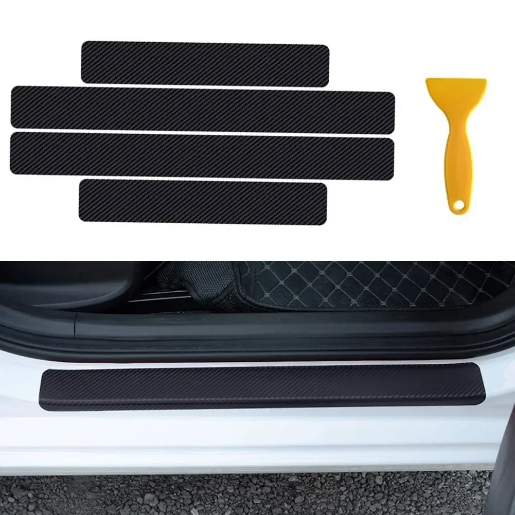 4Pcs Carbon Fiber Car Door Plate Sill Scuff Cover Car Sticker DIY Paste Protector Strip Auto Door Sill Side Anti-Scratch Sticker