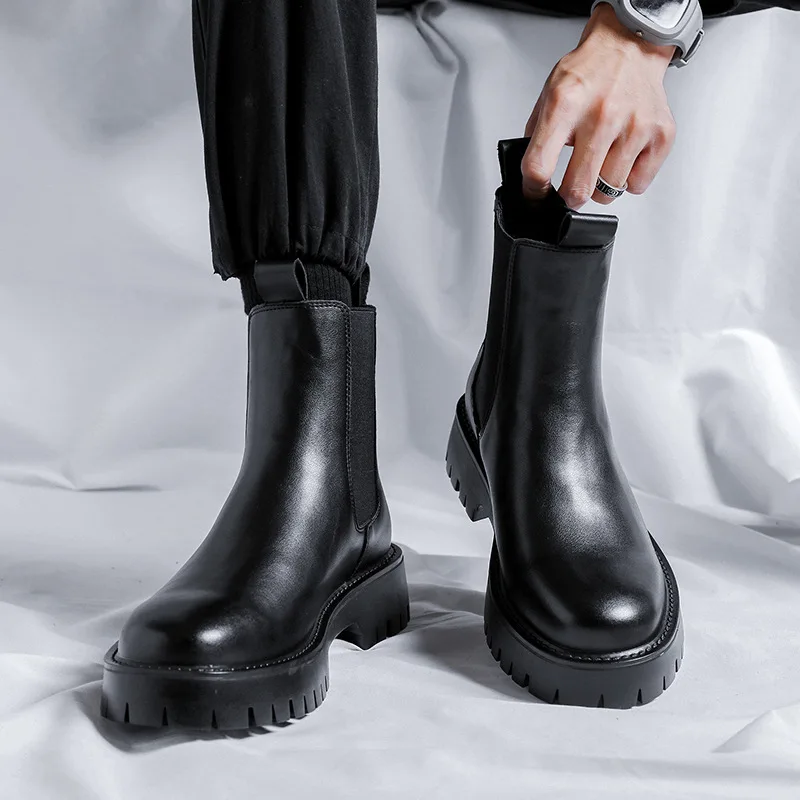 

Мужские модные высокие ботинки челси в стиле панк-рок, оригинальная кожаная обувь, ковбойские ботинки на платформе, черные стильные крутые длинные мотоциклетные ботинки