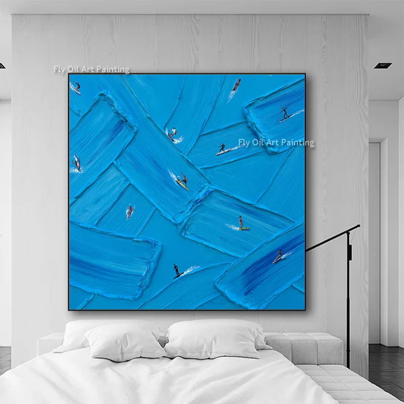 Abstract Knife Thick Green Grey Playground People Playing Golf Oil Painting Handmade Blue Swimming Pool Canvas Wall Art Decor