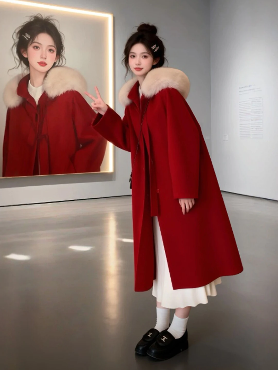 

Корейское Нежное Длинное Красное Шерстяное Пальто Свободного Кроя Женское Зимнее Модное Теплое Удобное Пальто с Капюшоном и Длинными Рукавами