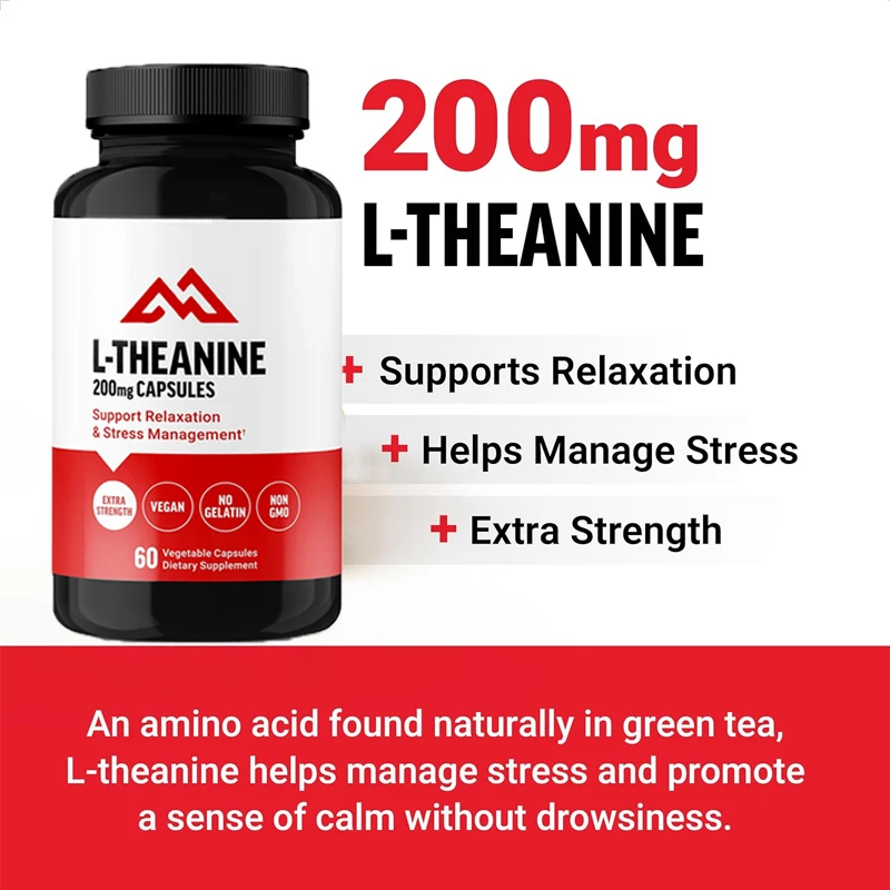 L-theanine supplement, relieves stress, supports calmness and relaxation, 60 vegetable capsules, non genetically modified