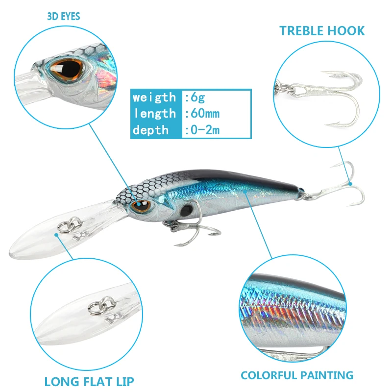 60mm 6g Long Lip Minnow Fishing Lures Wobblers Deep Diving Floating Artificial Bait for Trout Bass Jerkbait Swimbait Equipment