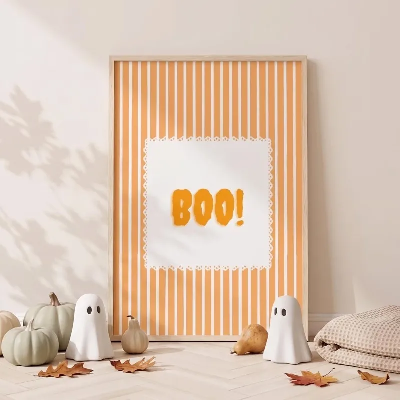 BOO Letter Art Orange Striped Canvas Poster Simple Halloween Print Decor Unframed Wall Art for Nursery Bedroom Autumn Home De