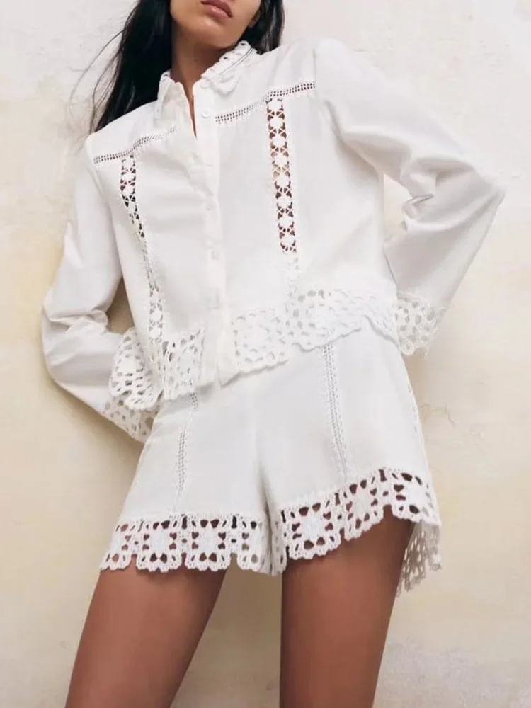 Kumsvag 2024 Summer Women Sweet Suits 2 Piece Sets White Lace Shirts Tops And Shorts Female Fashion Street Two Pieces Clothing