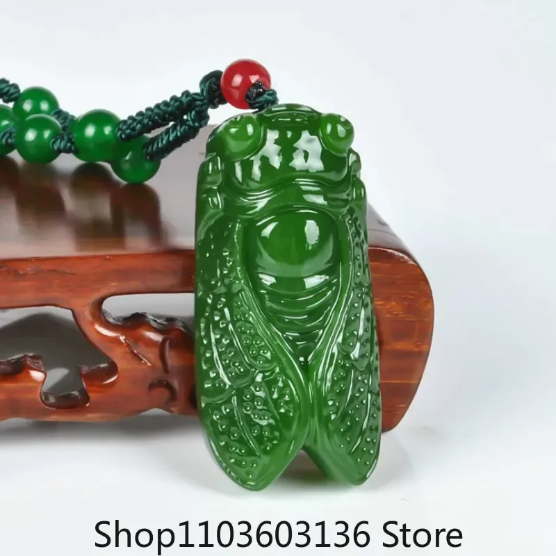 

Natural Green Hetian Jade Stone Cicada Pendant Beads Necklace Chinese Jadeite Jewelry Charm Reiki Amulet Carved Gifts for Women