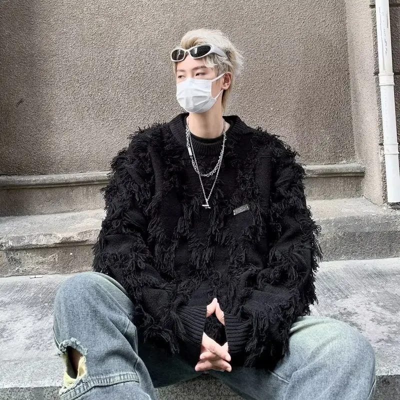 

Retro Tassel Sweater Men's Loose Casual round Ne Top Winter Large Size 36lb Color American Sle Knittedwear