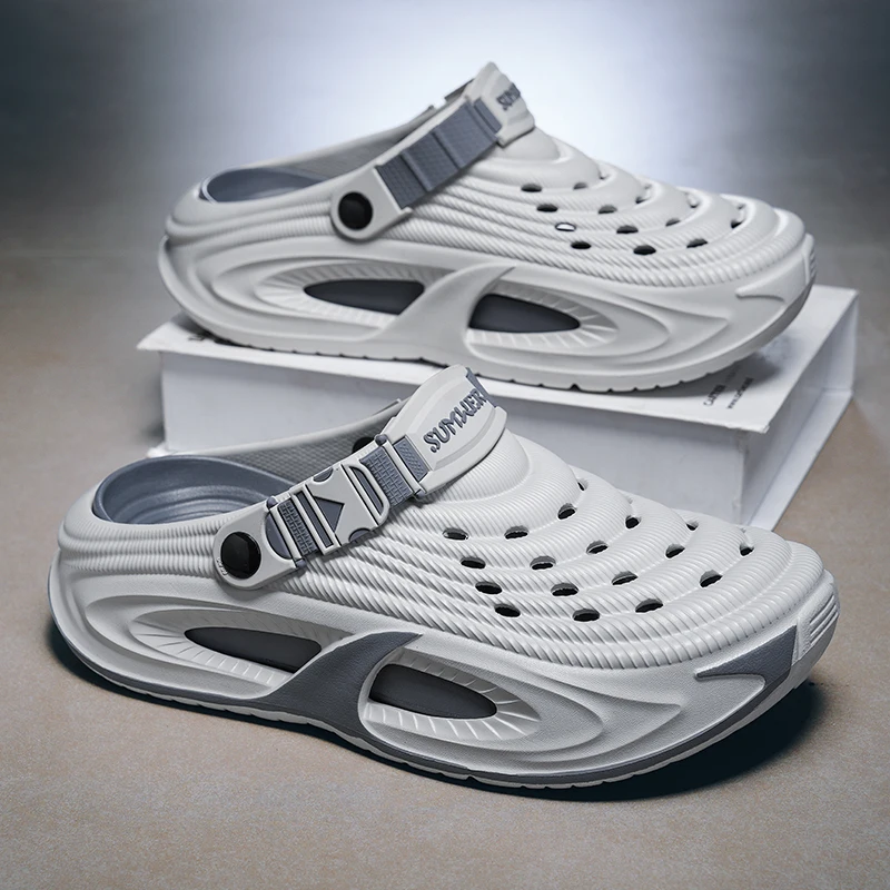 Men's Summer Outdoor Sports Shoes Open-Toe Driving Beach Sandals Casual EVA Flat Bottom Thick Heel Low Top Slip-On Slippers