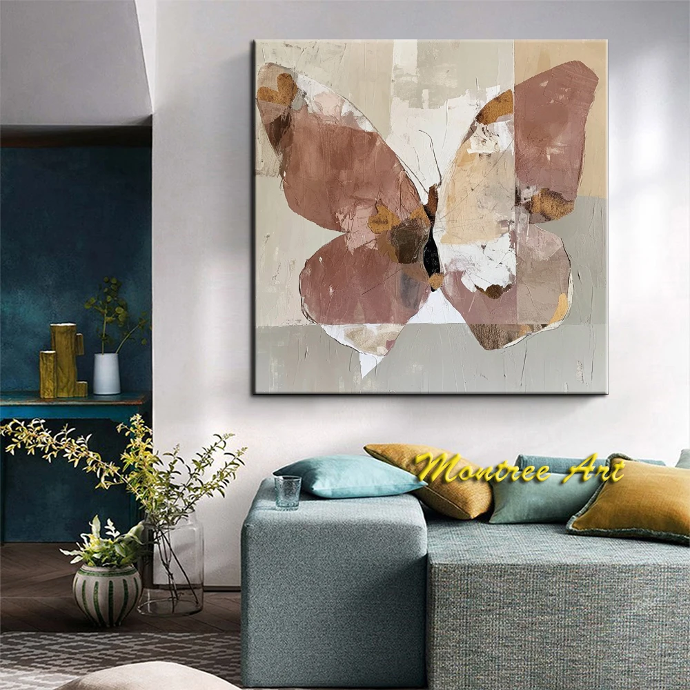 Hand Painted Oil Painting Brown Butterfly Painting Beige Abstract Painting Original Butterfly Painting Living room wall Art