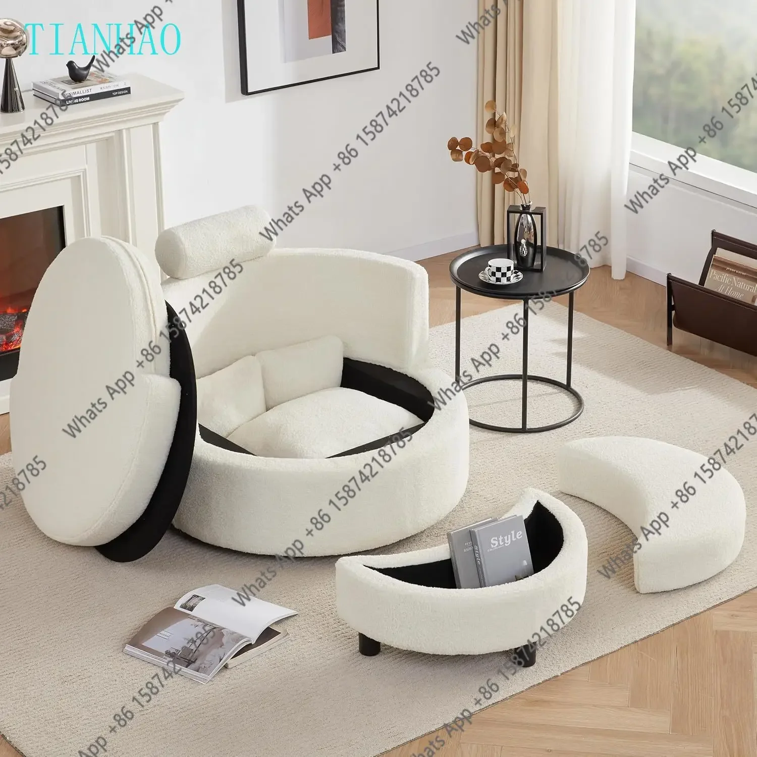 N67  Swivel Chair with Half Moon Storage Ottoman, Round Oversized Barrel with Base Storage for Living Room, 360°Modern