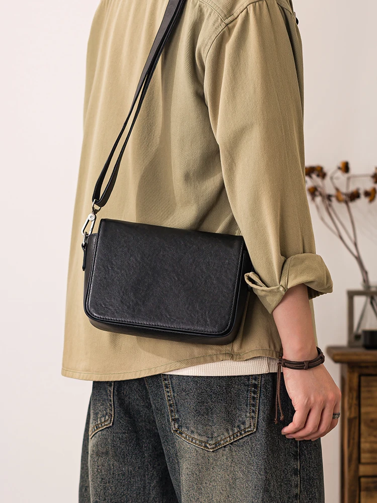 daily work handmade first layer cowhide men's messenger bag Simple casual luxury soft genuine leather teens black shoulder bag
