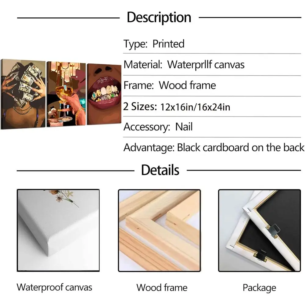 فن جداري عصري فاخر للفتيات مكون من 3 قطع - مطبوعات قماشية للنساء الأفريقيات الأمريكية لديكور المنزل، مقاس 16 × 24 بوصة #3