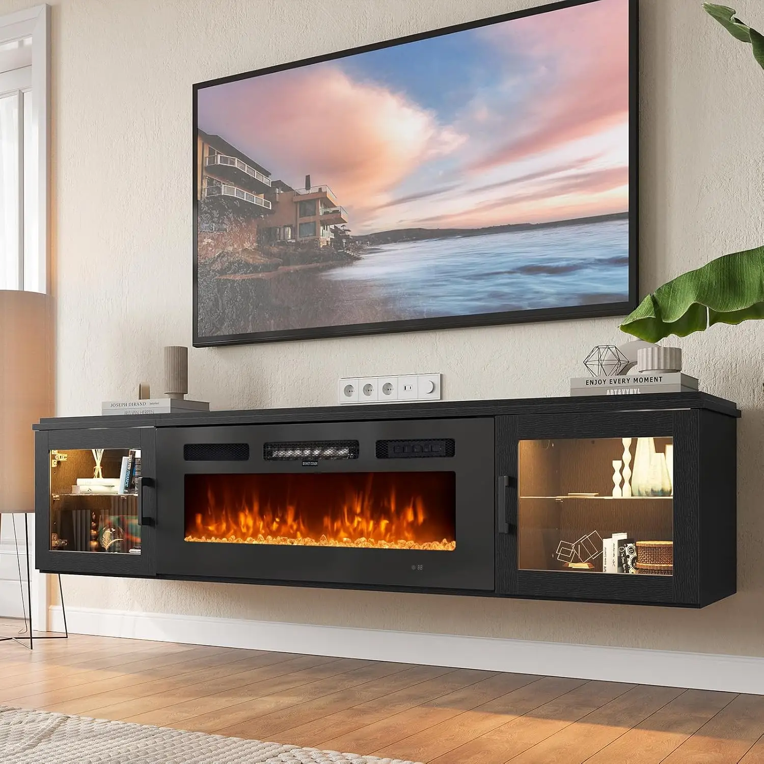 

70" Floating TV Stand with 36" Electric Fireplace, High Gloss Finish Wall Mounted Fireplace Entertainment Center with St