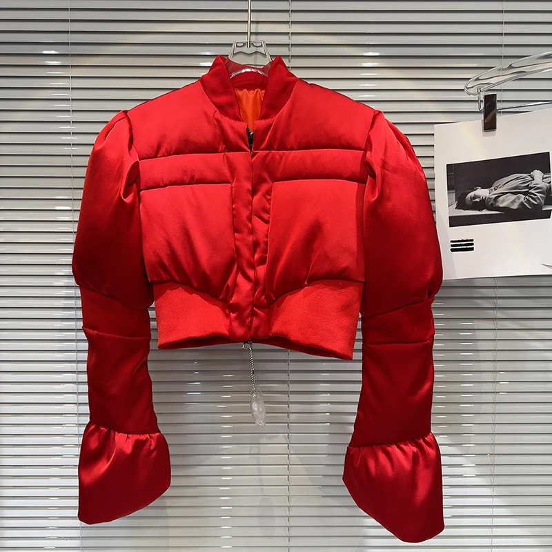 Chaqueta de plumón de algodón ajustada con cuello redondo para mujer, prendas de vestir informales cálidas, chaquetas de plumón de pato blanco con doble cremallera para invierno