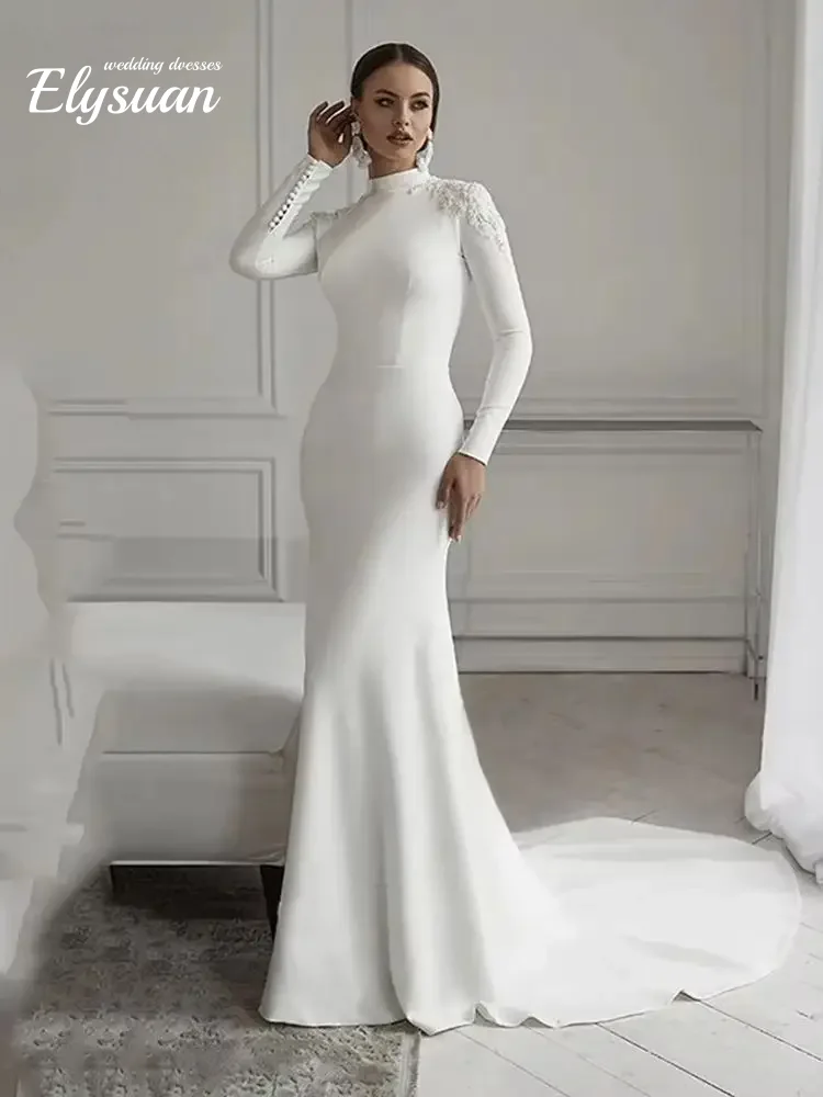 تخصيص مسلم الرقبة العالية يزين فستان زفاف حورية البحر كم طويل الديكور فستان الزفاف زر سويب تراين Vestidos De Novia
