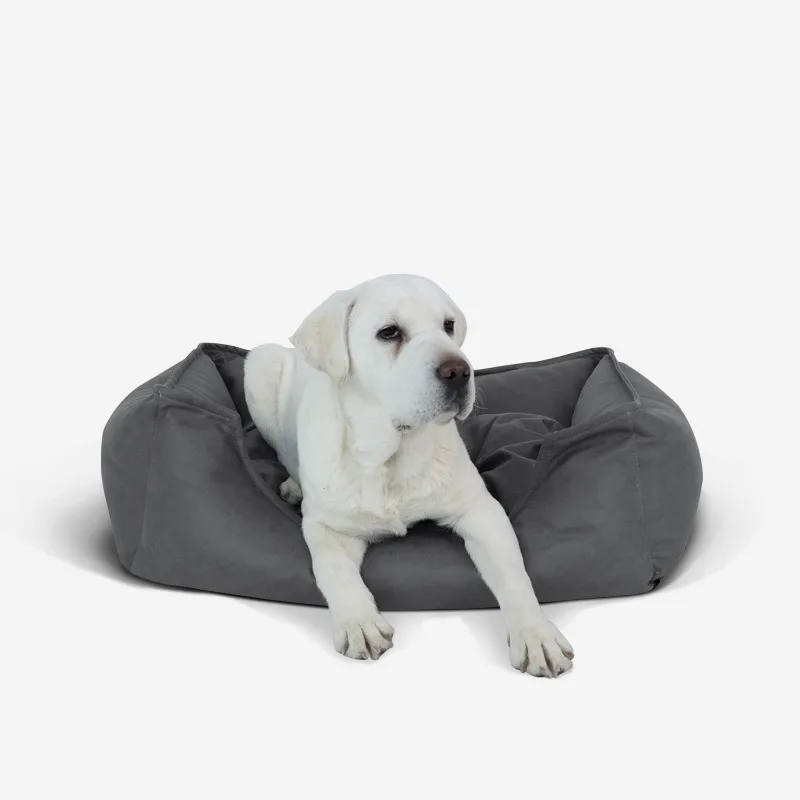 

Faux Leather Dog Bed Washable Removable Cover Water Repellent Pet Sofa Raised Rim Non Slip Bottom Plush Warm Chew Resistant Cozy