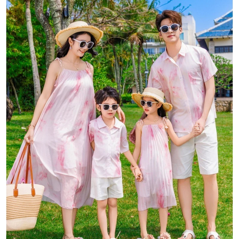Summer Family Matching Outfit Set Pink Tie-Dye Maxi Dress & Shirt Shorts Set Casual Beach Vacation Outfits for Mom Dad and Kids