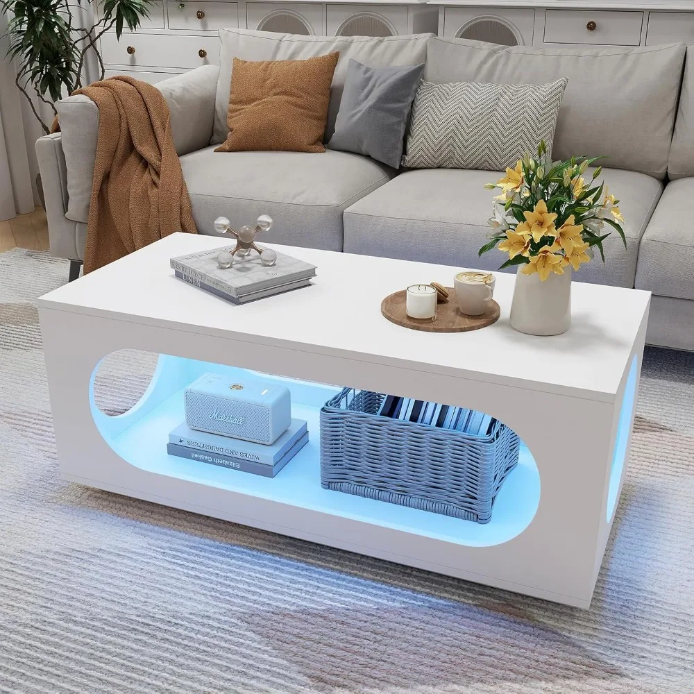 43" White Led Coffee Table for Living Room, Modern Living Room Table Rectangular Contemporary Center Table with Storage, Wooden