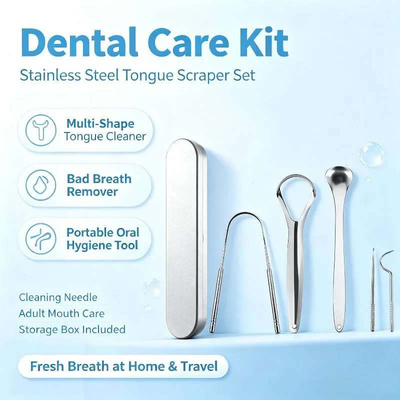 5Pcs Tongue Scraper Set with Storage Box,Stainless Steel Multi‑Shape Tongue Cleaners,Reusable Portable Adults Household & Travel