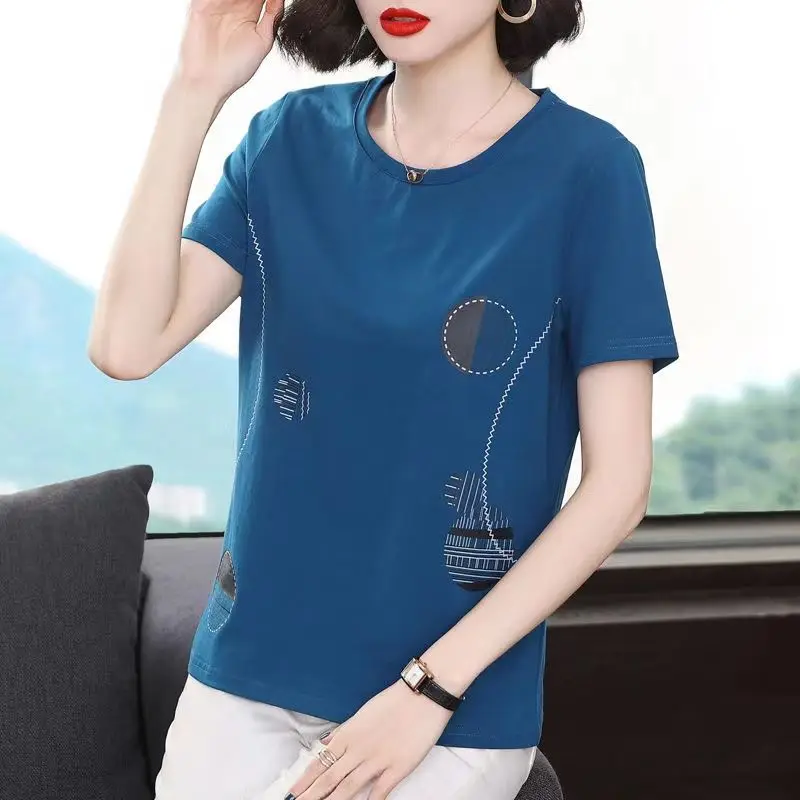 

Women's Summer 2024 New Spliced Pullovers O-Neck Printed Geometric Fashion Minimalist Loose Cotton Short Sleeved T-shirt Tops
