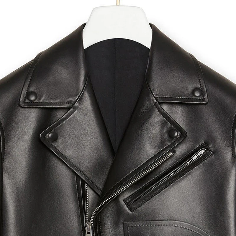 High quality black leather motorcycle suit men\'s jacket British fashion and handsome sheepskin custom size short jacket