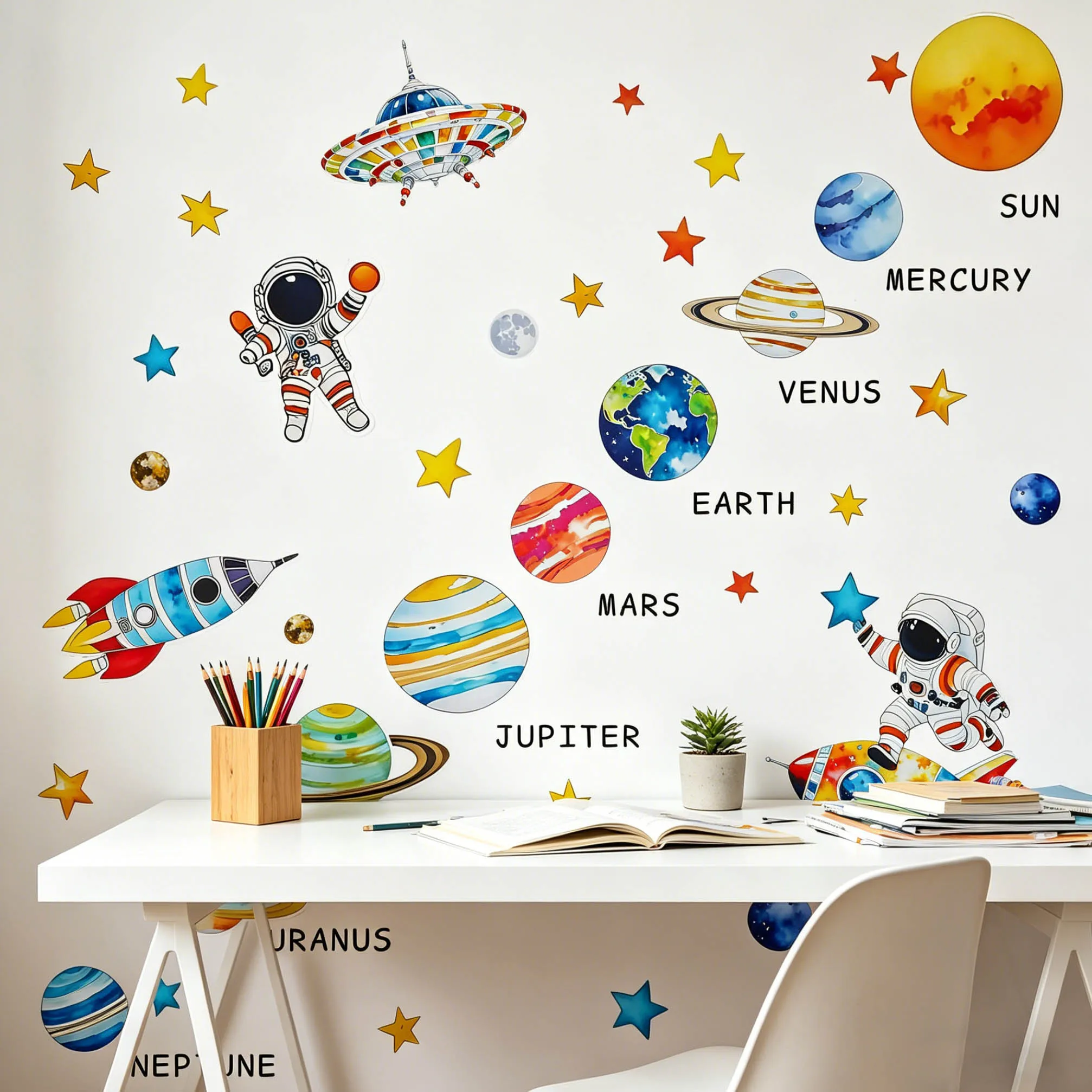 Sternenhimmel-Astronauten-Raketen-Wanddekoration mit Neun-Planeten-Hintergrund, Abnehmbar für Kinderzimmer oder Wohnzimmerwand – Detail 3