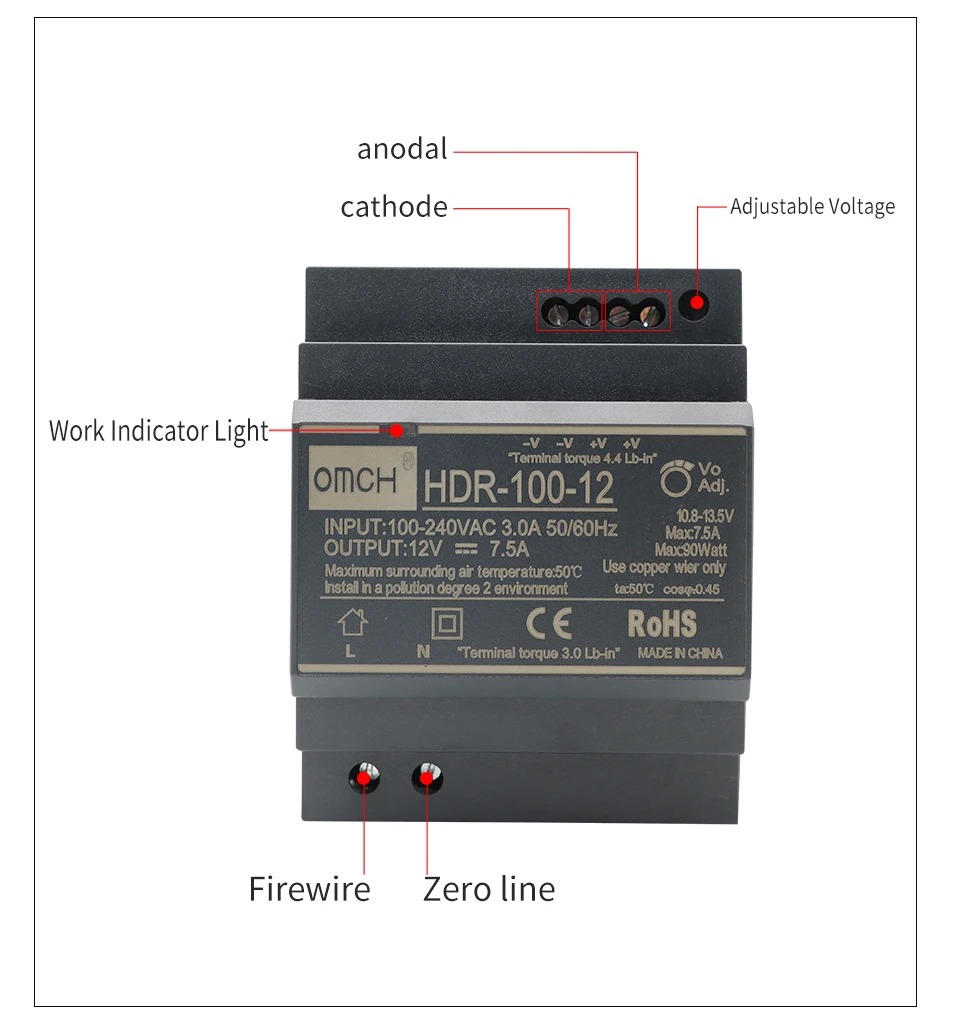OMCH HDR-Serie DIN-Schienen-Schaltnetzteil HDR-15 100–240 VAC 15 W 30 W 60 W 100 W AC-zu-DC-Spannung 5 V 12 V 24 V 48 V 0–7,1 A SMPS – Detail 11