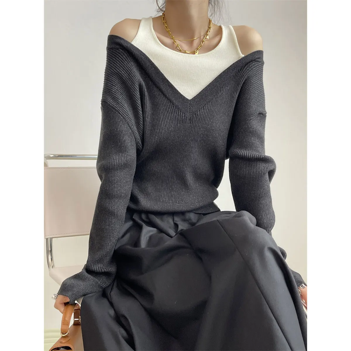 2024 New Arrival Women Long Sleeve Sweater Sexy Off Shoulder Patchwork Clothes Knitted Pullovers Casual Sweater Pull Femme