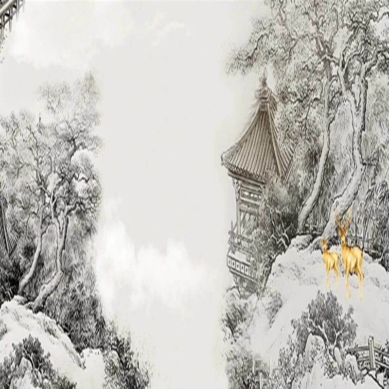 Moon Abstract Ink Painting Hand-Painted Landscape Wardrobe Murals Mountain Wall Art for Modern Home Decor Background