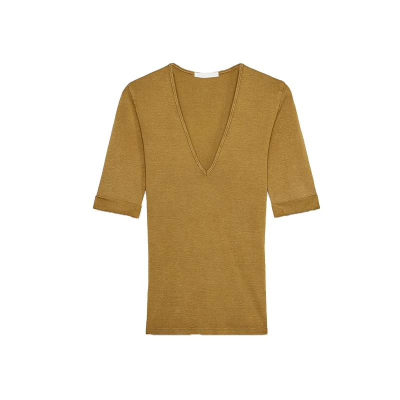 เสื้อยืดผู้หญิงฤดูร้อนใหม่ ดีไซน์เรียบง่าย คอวี แขนสั้น หลากสี ผ้าเนื้อนุ่ม สวมใส่สบาย ทรงเข้ารูป เหมาะสำหรับใส่ไปทำงาน ผลิตจากเส้นใยโพลีเอสเตอร์