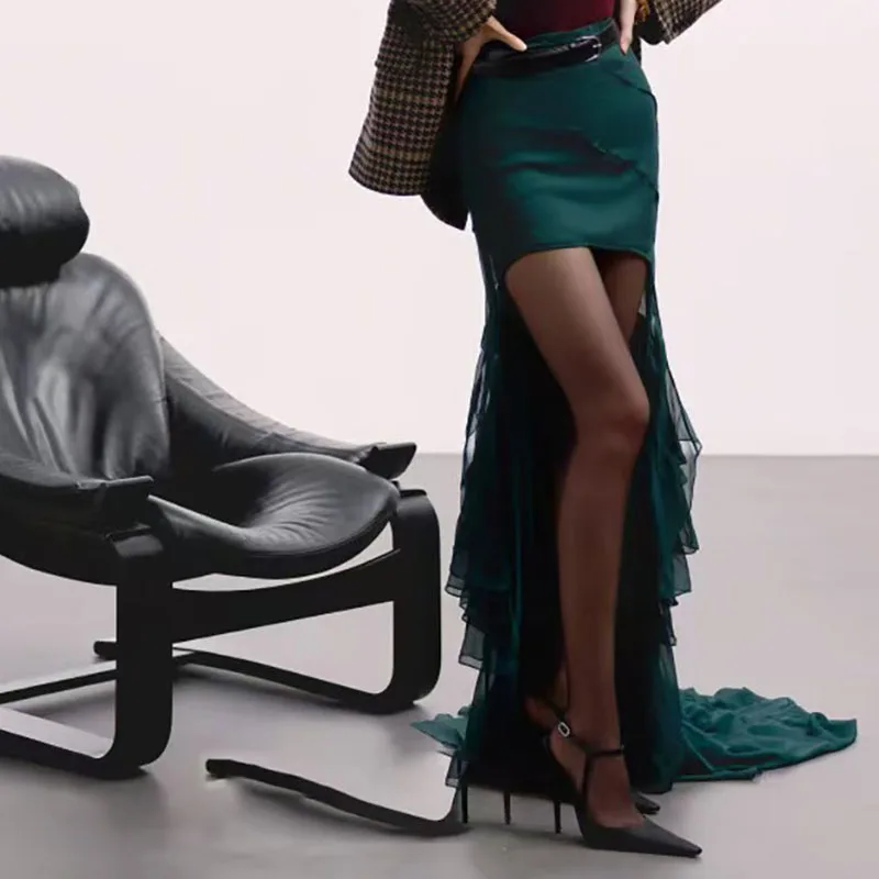 High-waisted printed layered ruffled waist-hugging A-line skirt; French-style short front and long back train full-length dress