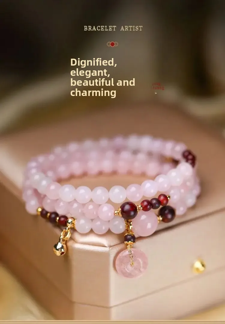 Pink Crystal Bracelet Three Circles Chinese Spring  Summer Ping An Buckle Beaded Peach Blossom Hand String Sweet Girlfriend Gift