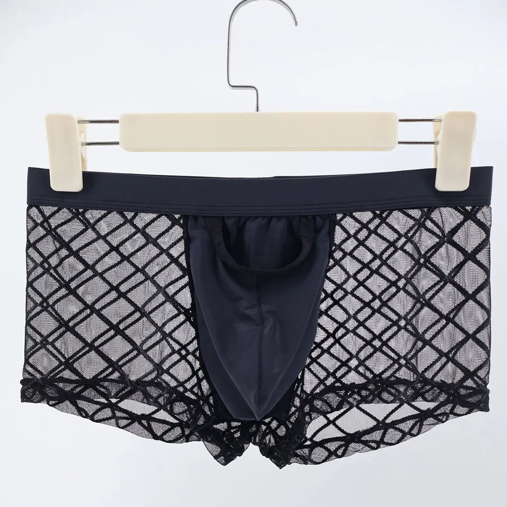 

Plaid Mesh Boxer Shorts for Men Hollow Fishnet Transparent Open Hole Underwear Trunks Lightweight Breathable Fabric Design