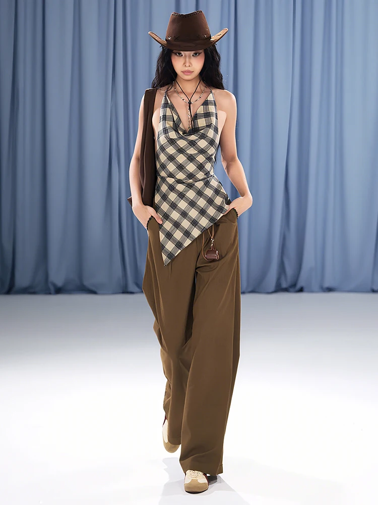 

InGrily Swing Collar Plaid Backless Suspender Top Halter Bandage Irregular Hem Western Cowboy Style Sexy Street Fashion Outfits