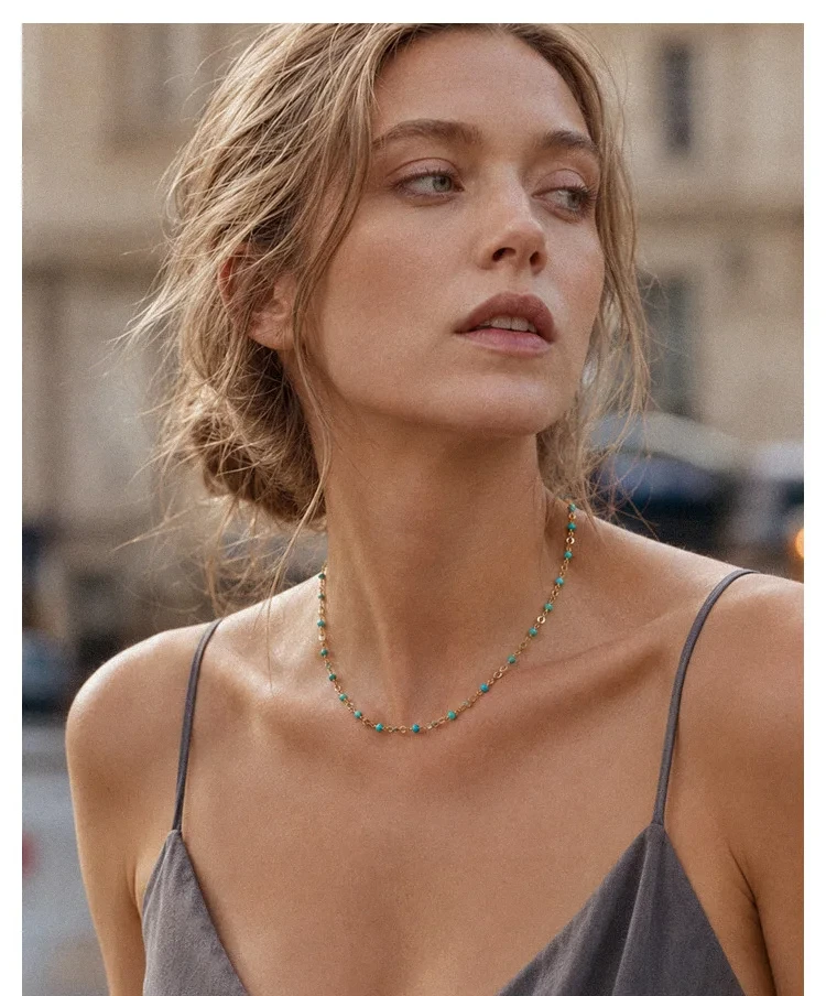 Litheline 24K Gold Plated Brass Natural Turquoise Station Necklace, Skin-Safe Plating Adjustable Bohemian Beach Jewelry
