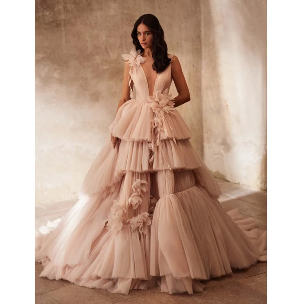 Charmante robe de soirée rose poussiéreux pour femmes, tulle superposé, col en V, robes de Rhchic, robe de soirée florale faite à la main, éducatif, fi.C. 2024