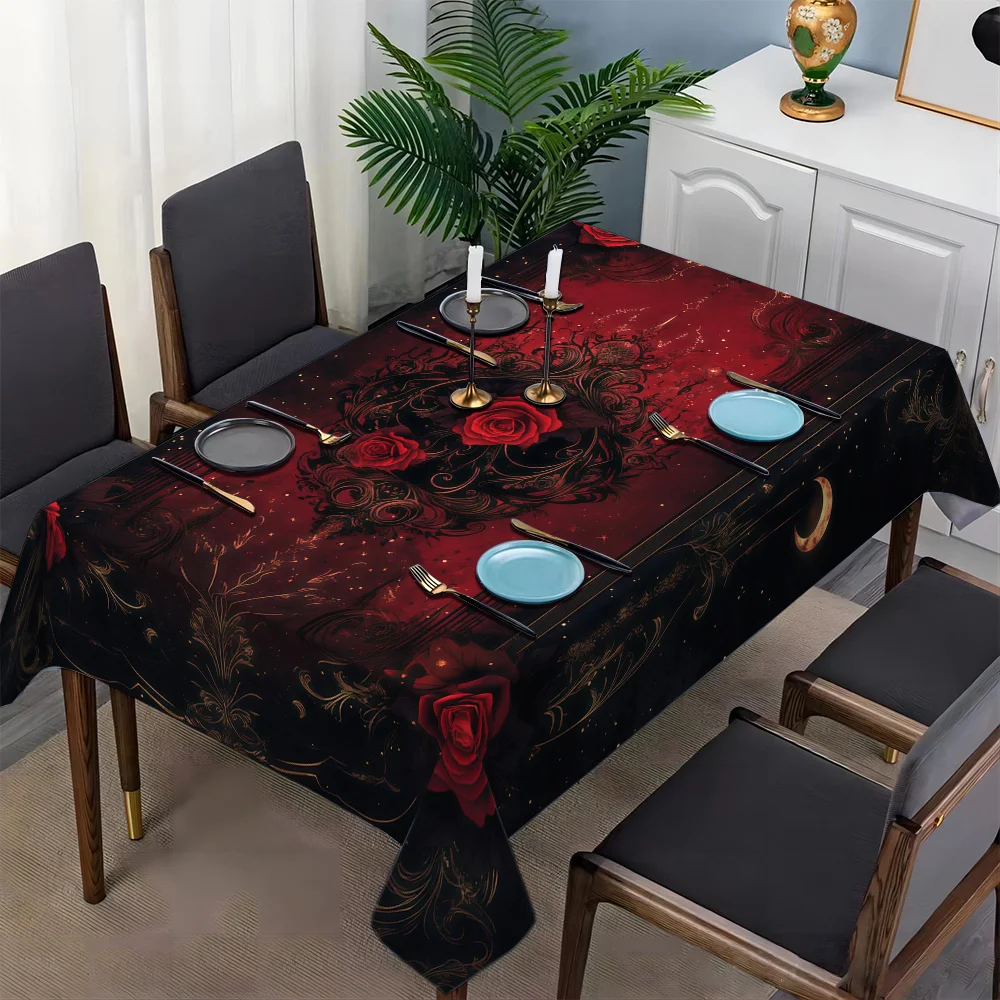 One piece of Gothic-style elegant deep red rose and moon pattern tablecloth - machine-washable nylon square tablecloth