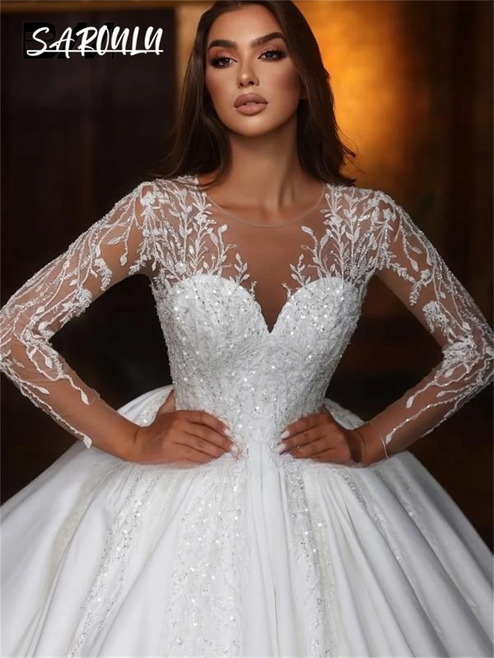 Abito da sposa da donna a maniche lunghe illusione Abito da ballo personalizzato Abiti da sposa in raso Perline Paillettes Appliques Abito da sposa