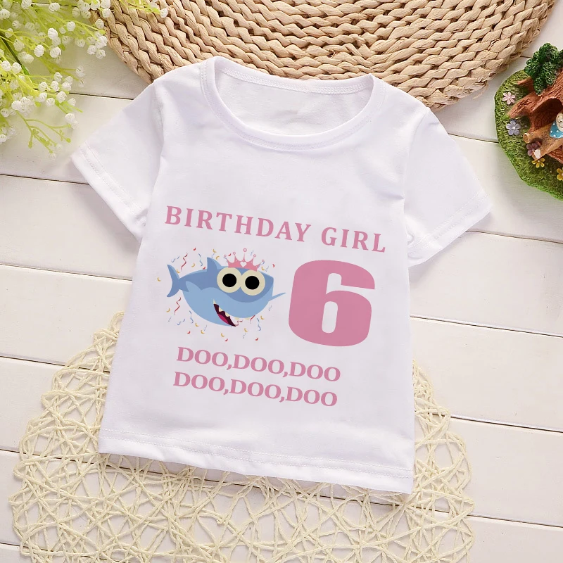 Camiseta de dibujos animados de tiburón de cumpleaños para niñas, camiseta con gráfico de número 0-9, ropa para niños, estampado de letras, manga