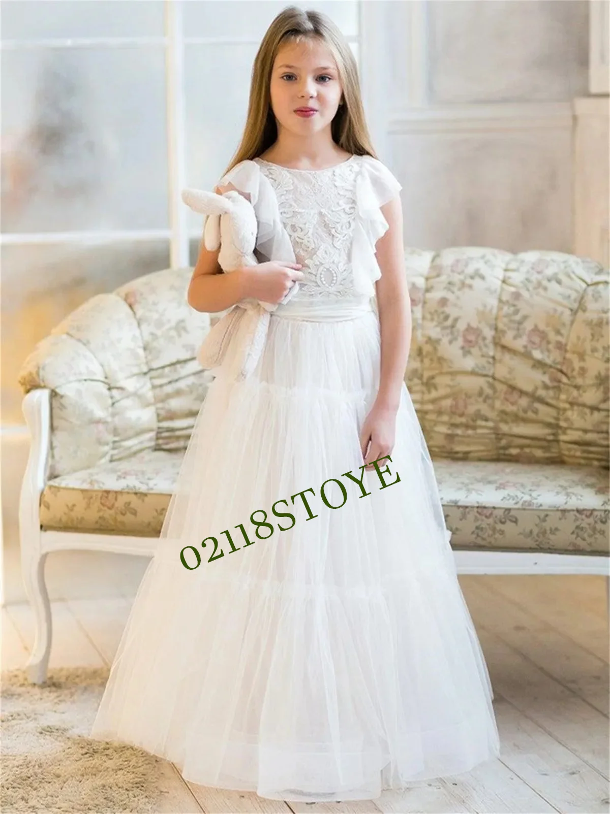 CuPink 3D Flowers Ball Gown Kids Pageant Birthday Party Dress Ruffles Princess Long Sleeve Flower Girl Dress for Wedding