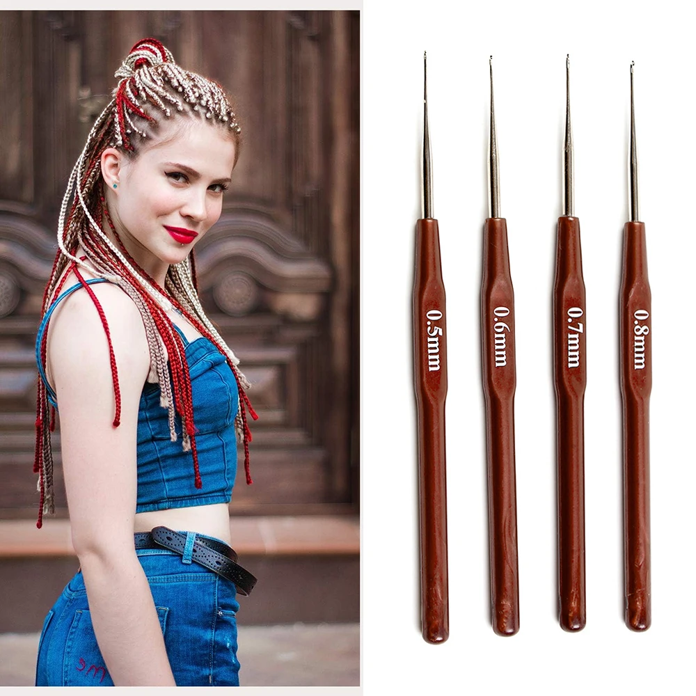 4 قطع من أدوات تجديل الشعر بخطاف كروشيه، 0.5/0.6/0.7/0.8 مم، خطافات إبرة، مجموعة أدوات المجدل المجدل المجدول #1